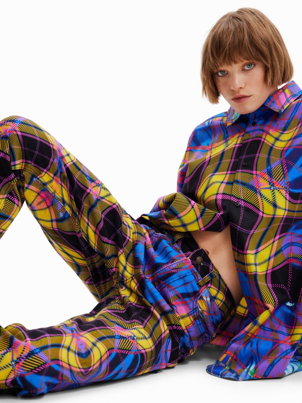 Desigual Plaid Wide-Leg Pants in Yellow & Blue
